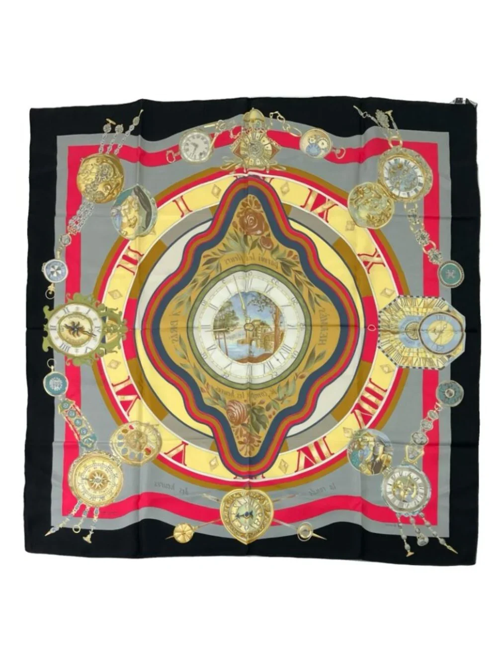 Hermes Carre 90 la Ronde Des Heures Tokinoronbu Black Gray Scarf - Picture 2 of 6